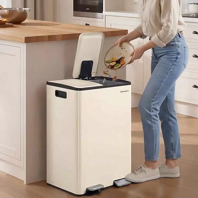 The Bazaarist Double Kitchen Recycling Pedal Bin with Soft Close and Removable Inner Buckets, Beige/Brown