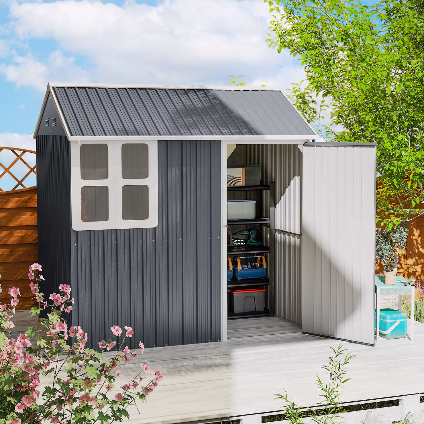 Outsunny Galvanised Steel Garden Shed with Latch and Window in Dark Grey – 2