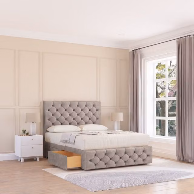 Sloomy Highbury Upholstered Divan Bed Base and Floor Standing Headboard in Stone, Super King, W/D/H: 200 x 200 cm