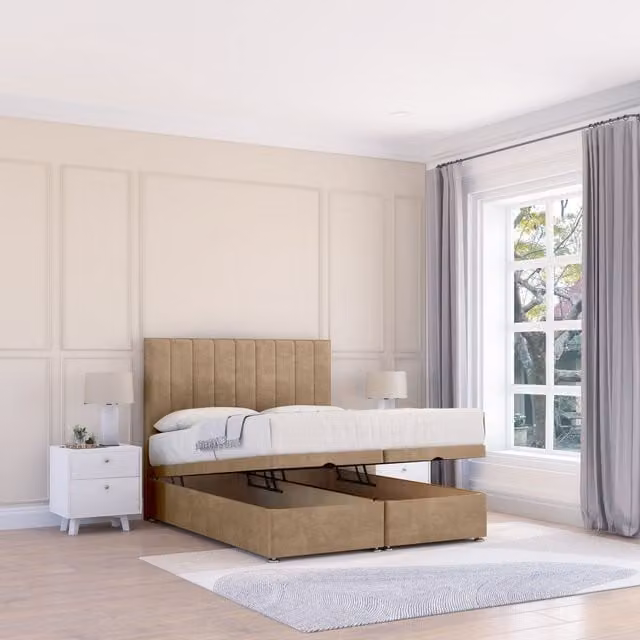 Sloomy Kansas Naples Double Fabric Ottoman Bed with Hybrid Memory Mattress and 26 Inch Strut Headboard in Light Brown, W/D/H: 140 x 200 cm