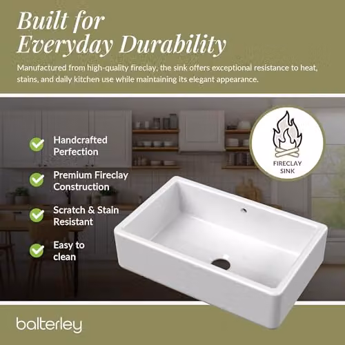 Balterley Butler White Ceramic Fireclay Kitchen Sink, Single Bowl with Overflow, W/D/H: 79.5 x 50.0 x 22.0 cm – 4