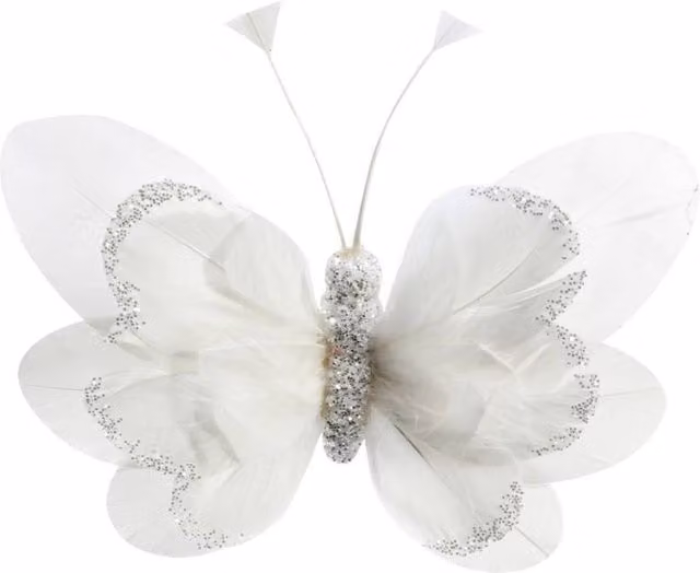 KDMD 6 Pack White Feather and Glitter Butterfly Decorations, 14 cm