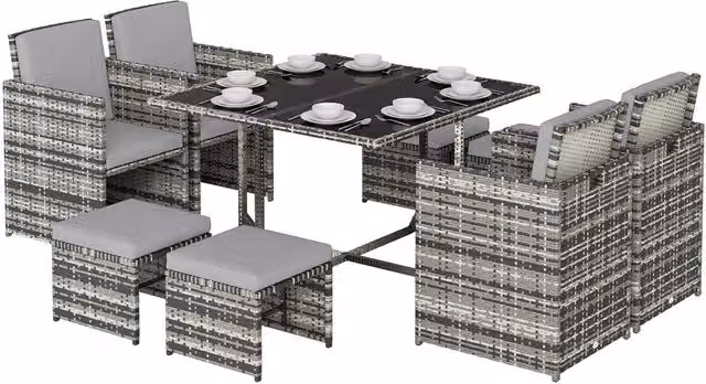 Outsunny 8 Seater Rattan Cube Garden Furniture Dining Set with Cushions and Glass Top in Grey – 6
