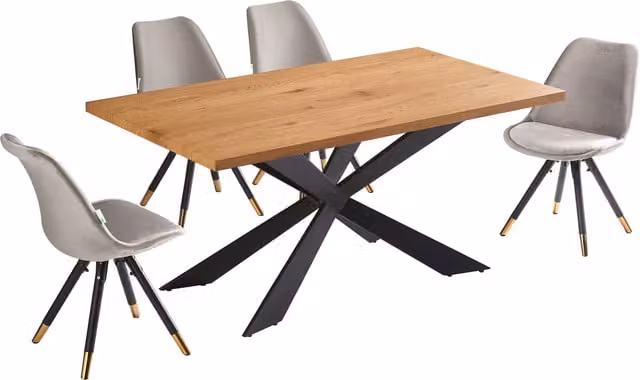 Life Interiors Sofia Duke LUX Dining Set with Rectangular Wood Table and 4 Modern Chairs in Grey, Gold and Brown
