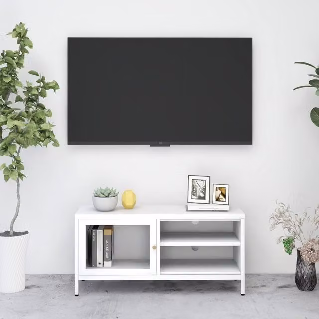 Berkfield Home White TV Cabinet with Glass Doors and Metal Accents, W/D/H: 90 x 30 x 44 cm