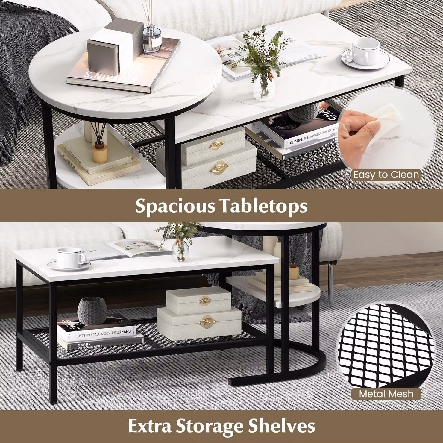 Costway Set of 2 Black Faux Marble Nesting Coffee Tables with 2-Tier Detachable Round Tops – 5