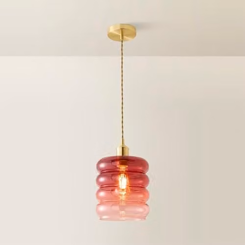 ValueLights Giselle Berry Ombre Glass Cylinder Pendant Light in Brushed Gold and Pink – 1