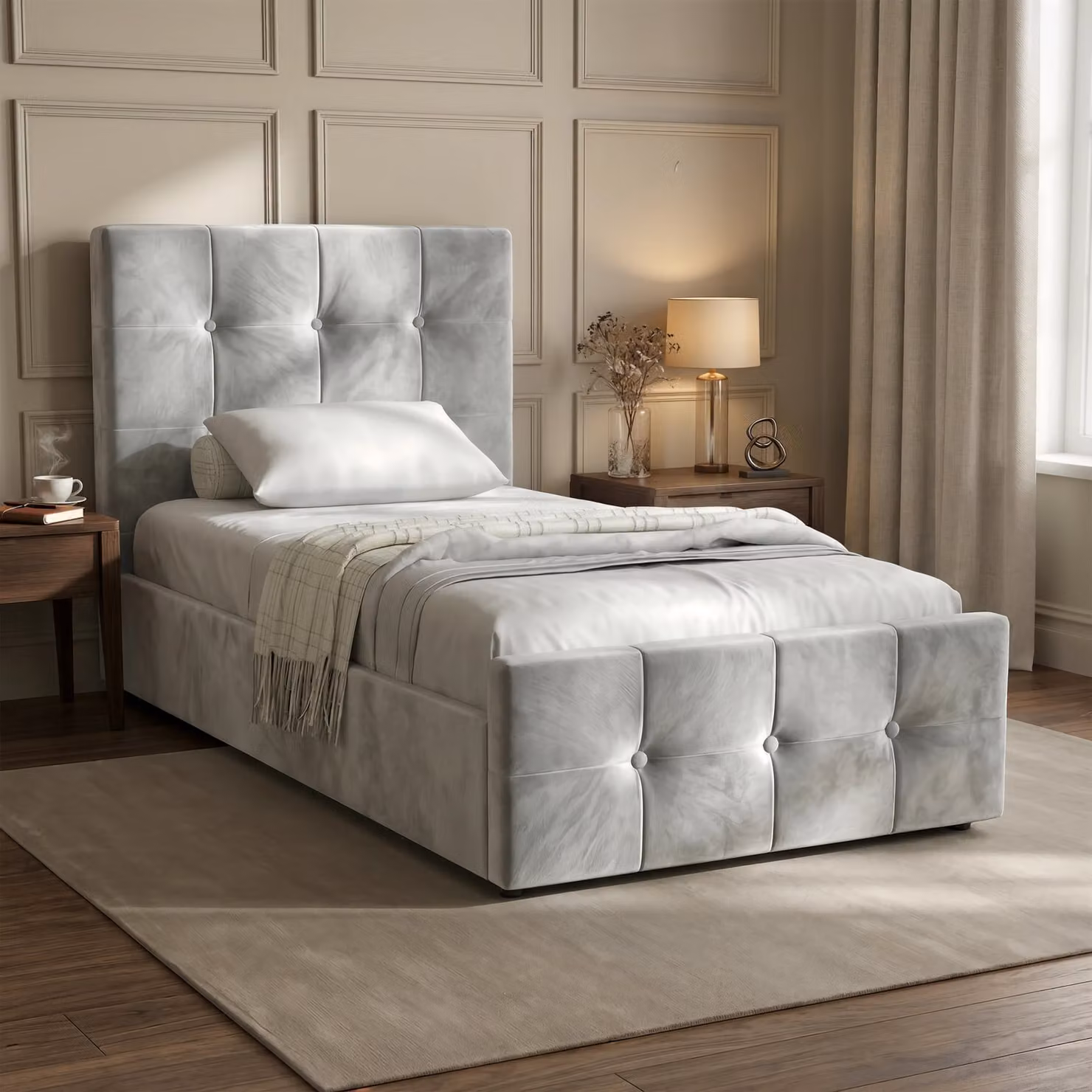DHS Grey Velvet Single Square Ottoman Storage Bed Frame, W/D/H: 90 x 190 cm