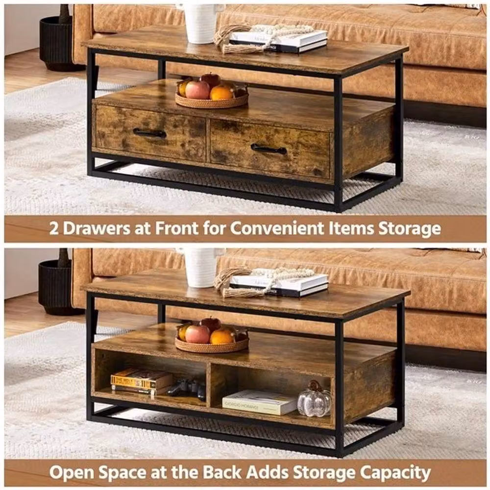 Kelvenix Mid-Century Rectangular Coffee Table with Storage Drawers in Brown Wood – 5