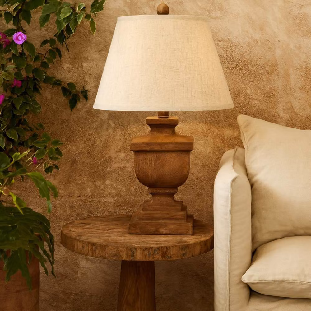 Wyld Haus Bormes Wooden Pedestal Table Lamp with Brown Wood Base and Beige Fabric Shade – 2