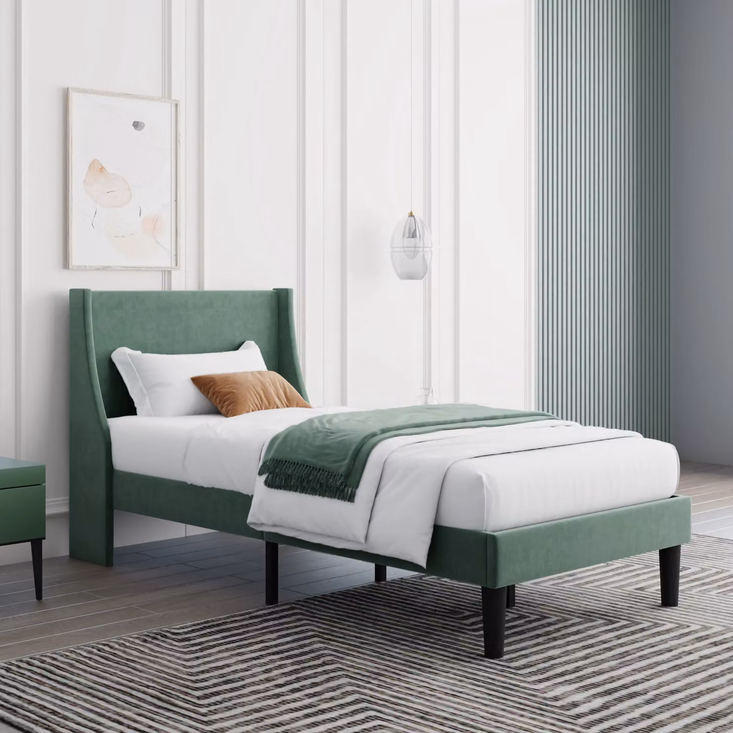 HomeTouch Rosa 3FT Single Bed Frame with Winged Headboard in Dark Green Velvet – 3