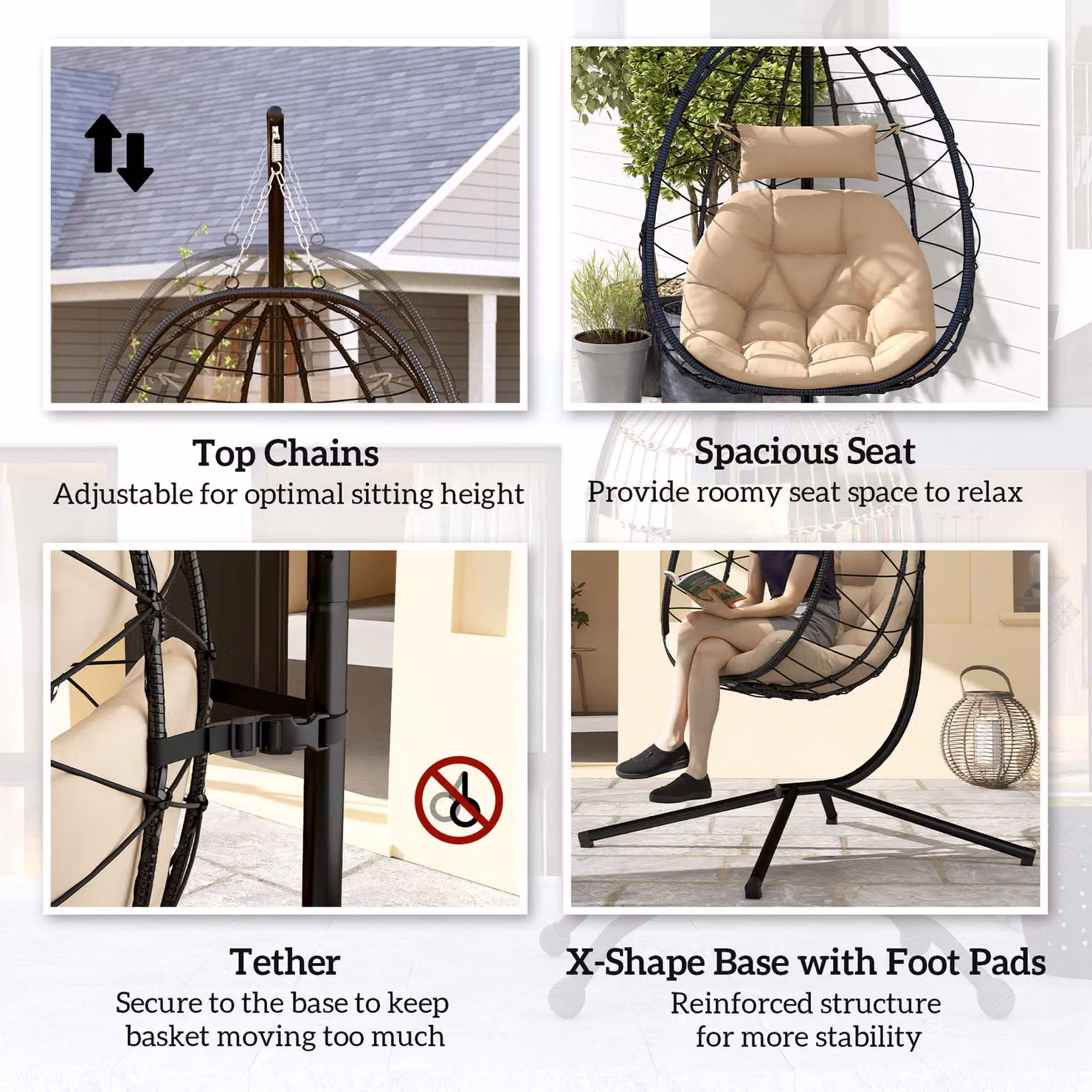 Outsunny Hanging Egg Chair Garden Swing with Stand and Cushions, Beige – 7