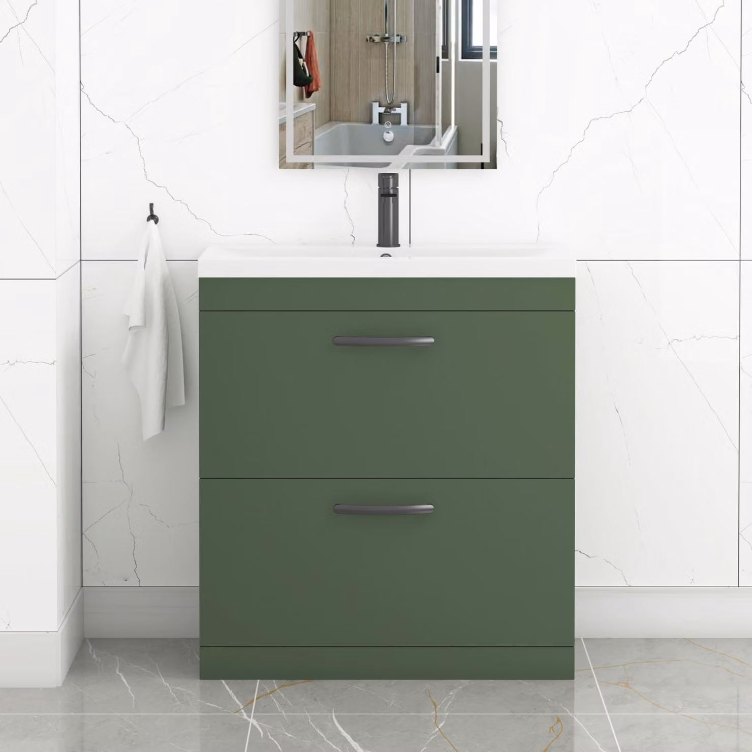 Royal Bathrooms Turin 800mm Floor Standing Vanity Unit in Matt Green with 2 Drawers and Matt Black Handles