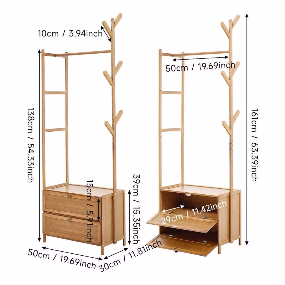KORVIXA Bamboo Clothes Rail Rack in Brown, W/D/H: 50 x 50 x 161 cm – 2