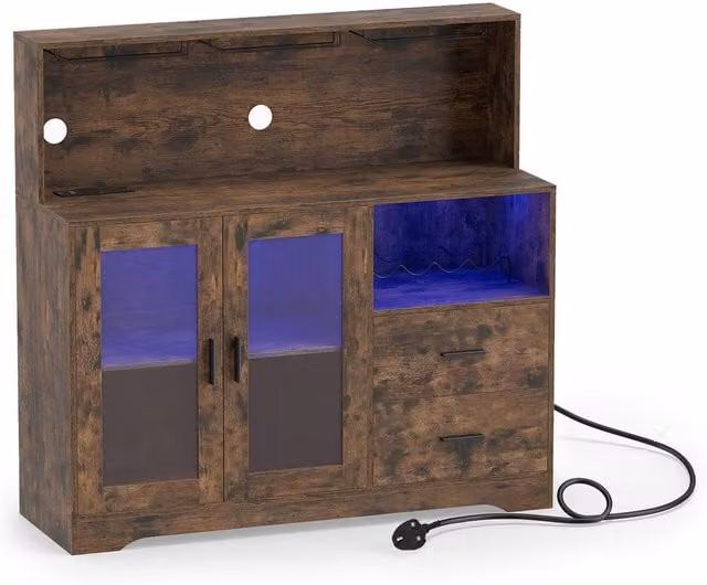 Costway Wine Bar Cabinet with LED Lights and Charging Station in Brown