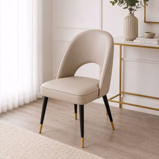 Stratus Interiors Astra Dining Chair in Warm White with Fabric, Synthetic Leather and Gold-Tipped Wooden Legs