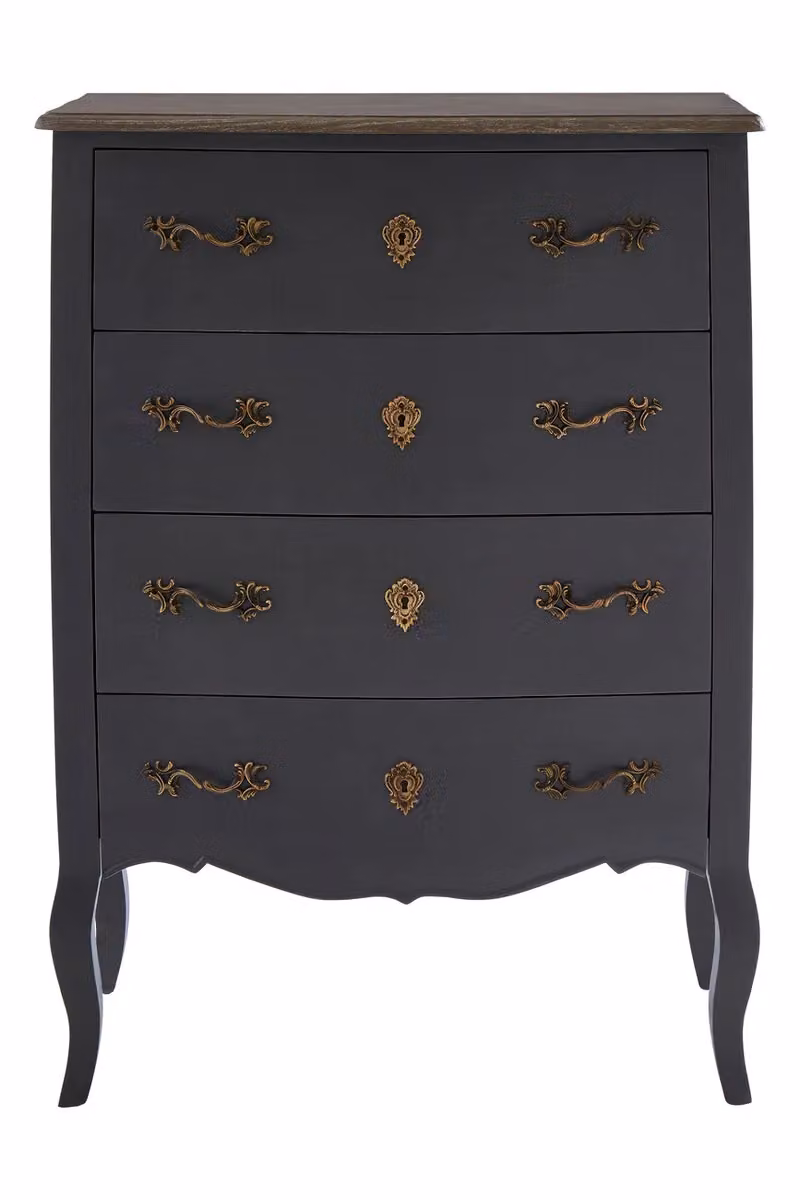 Orsina Classical 4 Drawer Dark Grey Chest of Drawers with Bayur Wood Accents and Gold Baroque Handles – 4