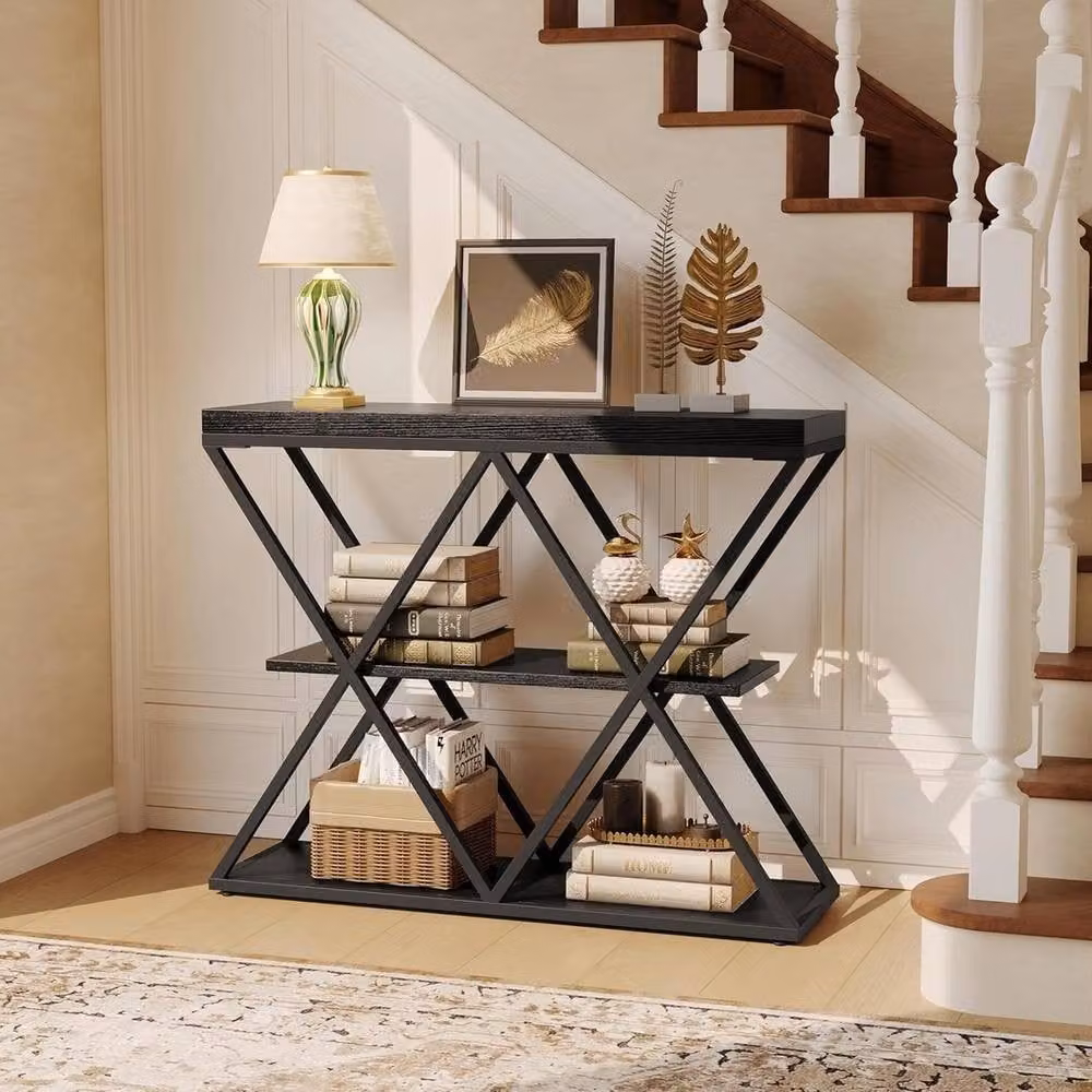 VOGREX Industrial 3-Tier Narrow Slim Console Side Table in Black and Multicolour – 3
