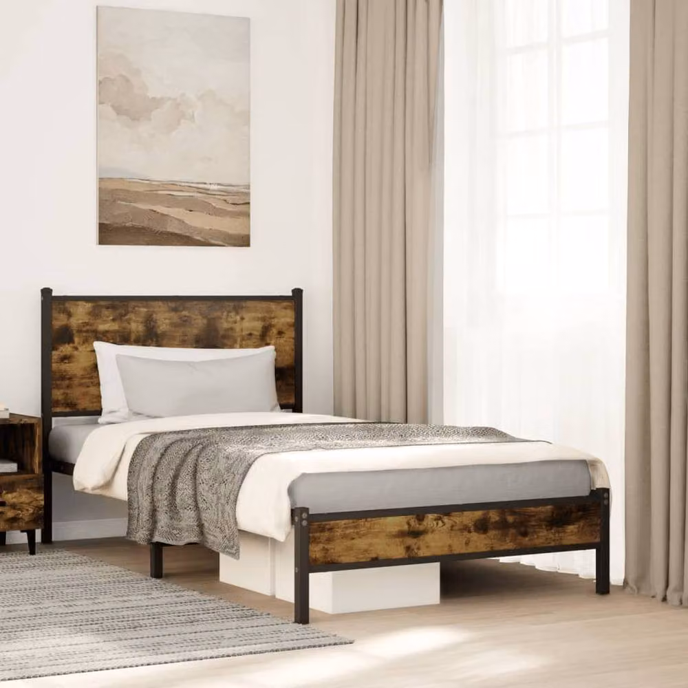 Berkfield Home Industrial Metal and MDF Bed Frame in Smoked Oak Brown, W/D/H: 100 x 200 cm – 2