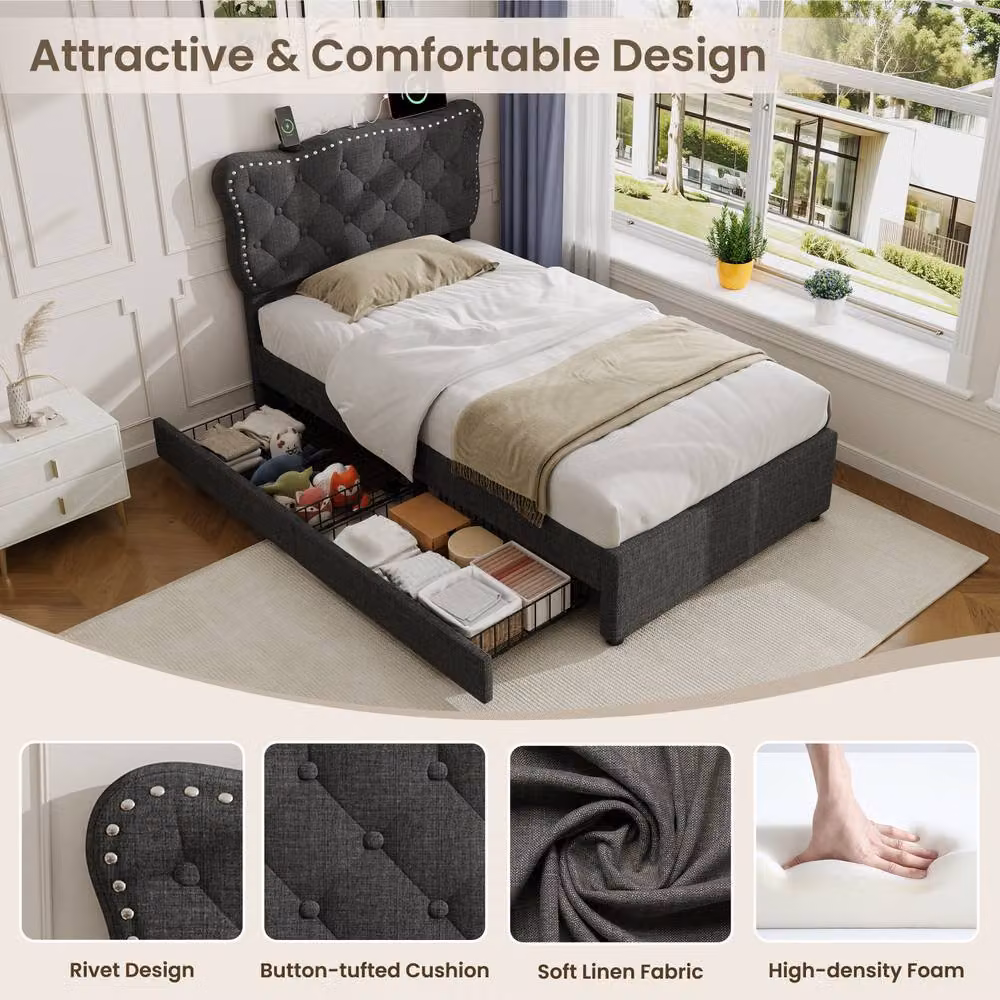 ModernLuxe Upholstered Single Bed with Drawers and Adjustable Headboard in Grey, W/D/H: 200 x 100 x 120 cm – 6