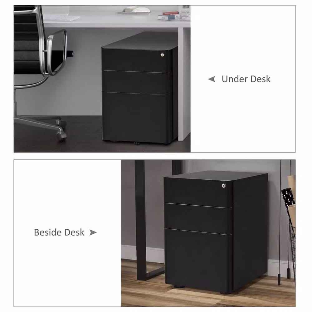FORGEVIO Black Metal 3 Drawer Lockable Filing Cabinet with Castors – 5