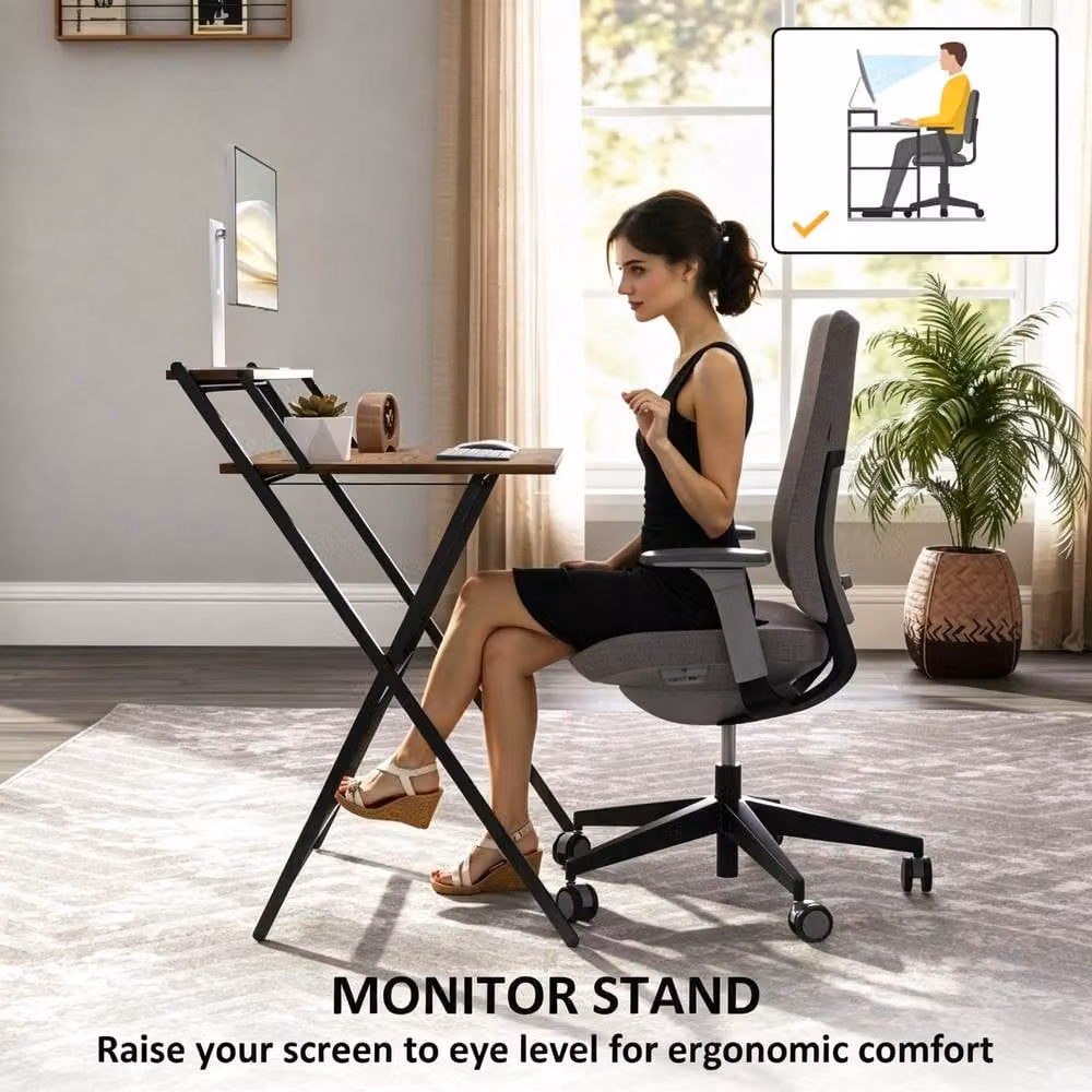 STILVORA Folding Computer Desk with Monitor Shelf in Rustic Brown – 5