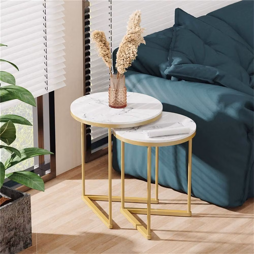 Havendro Round Nesting Coffee Table Set of 2 with White Ceramic Tops and Gold Metal Sled Base – 3