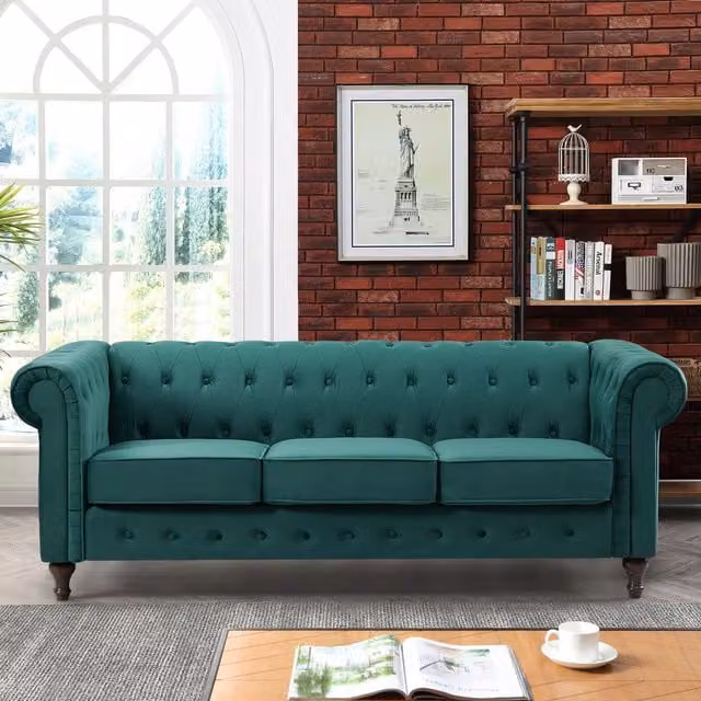 Artemis Home Pelham 3 Seat Chesterfield Sofa in Green Velvet Fabric, Width: 207 cm