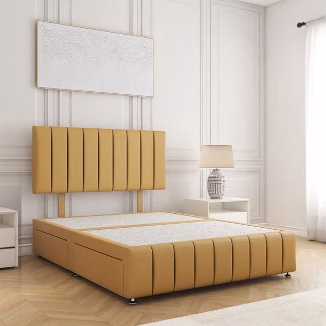 BSSPOKE Sierra Super King Divan Bed with 24 inch Headboard and 2 Drawers in Mustard Yellow Velvet Fabric