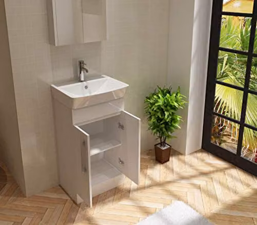 VeeBath PLAN50 Cosmo White Glossy Freestanding Bathroom Vanity Unit with Ceramic Basin and Soft Close Hinged Doors, W: 50 cm, D: 33 cm, H: 81.5 cm – 2