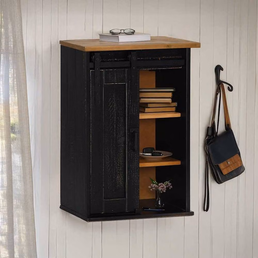 Berkfield Home HALDEN Hanging Cabinet with Sliding Doors in Black Pine, W: 49 cm, D: 22.5 cm, H: 70 cm – 2