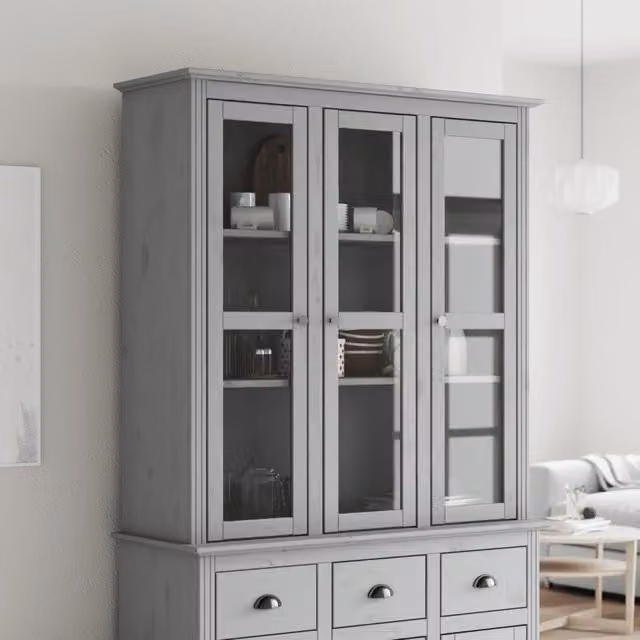 Berkfield Home BODO Grey Solid Wood Pine Cabinet with Glass Doors and Internal Shelves