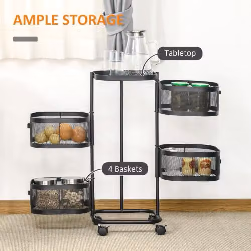 HOMCOM 4-Tier Metal Storage Trolley with Top Tray and Mesh Baskets, Black – 3