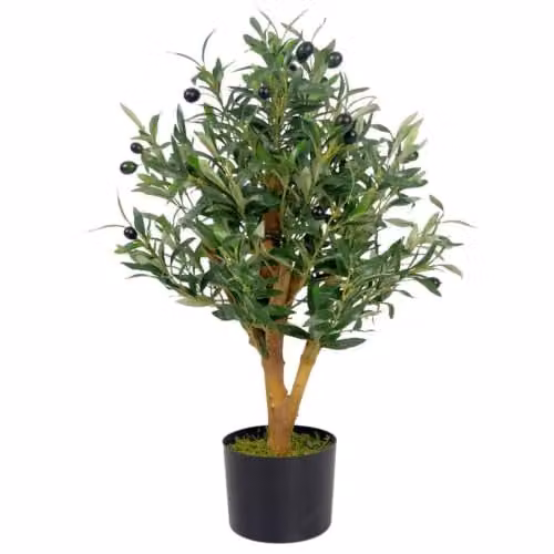 Leaf Design UK Realistic Artificial Green Olive Tree in a Black Plastic Pot, Height: 65 cm – 1