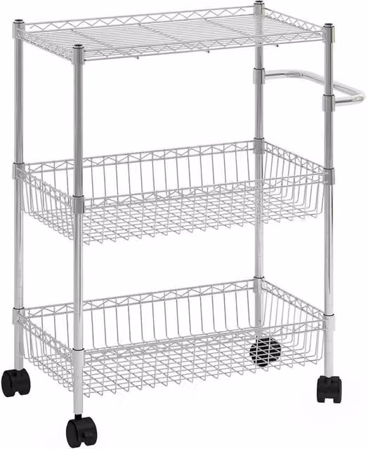 KORVIXA 3 Tier Metal Kitchen Trolley Cart with Adjustable Shelves in Silver, W/D/H: 100 x 100 x 80 cm