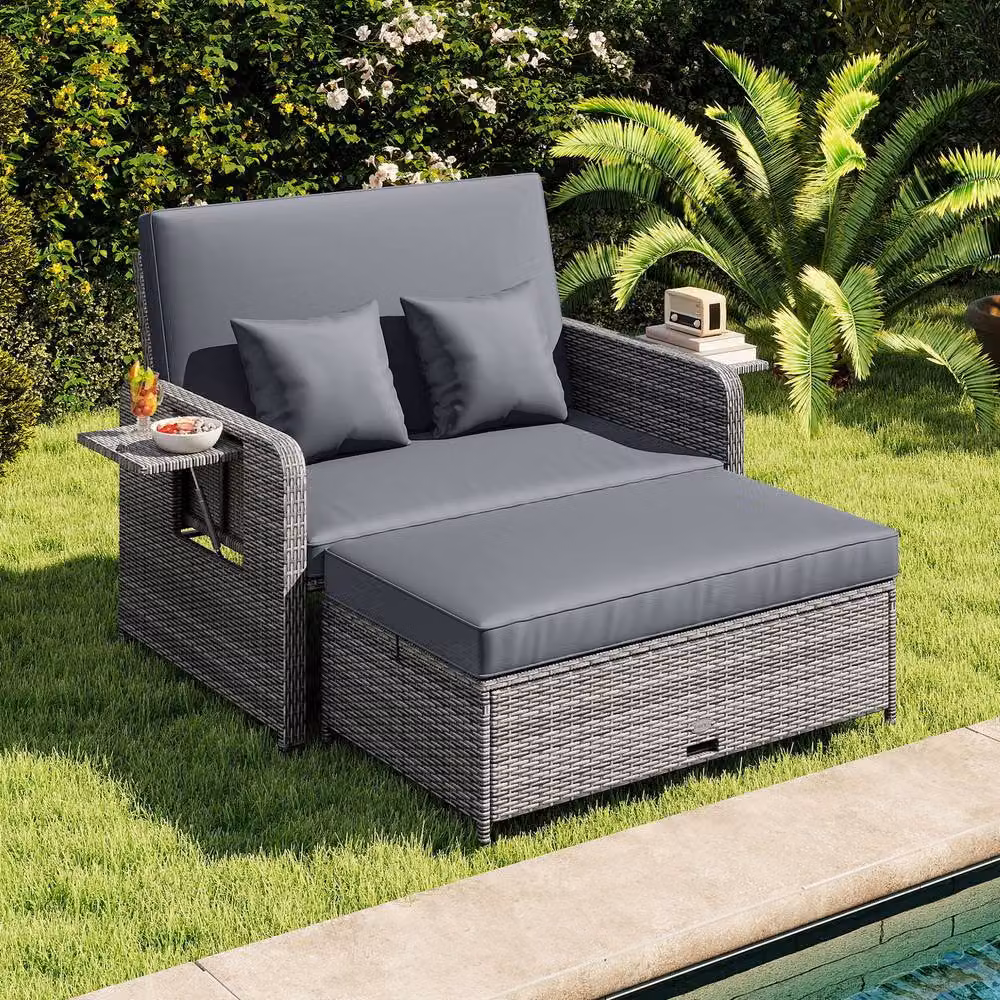 Costway 2-Piece Grey PE Wicker Daybed and Patio Rattan Furniture Set with Adjustable Backrest – 3