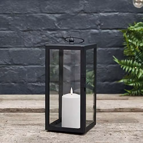 Lights4fun Black Metal Outdoor Garden LED TruGlow Pillar Candle Lantern with White Candle, H 35 cm x W 15 cm x D 15 cm – 2