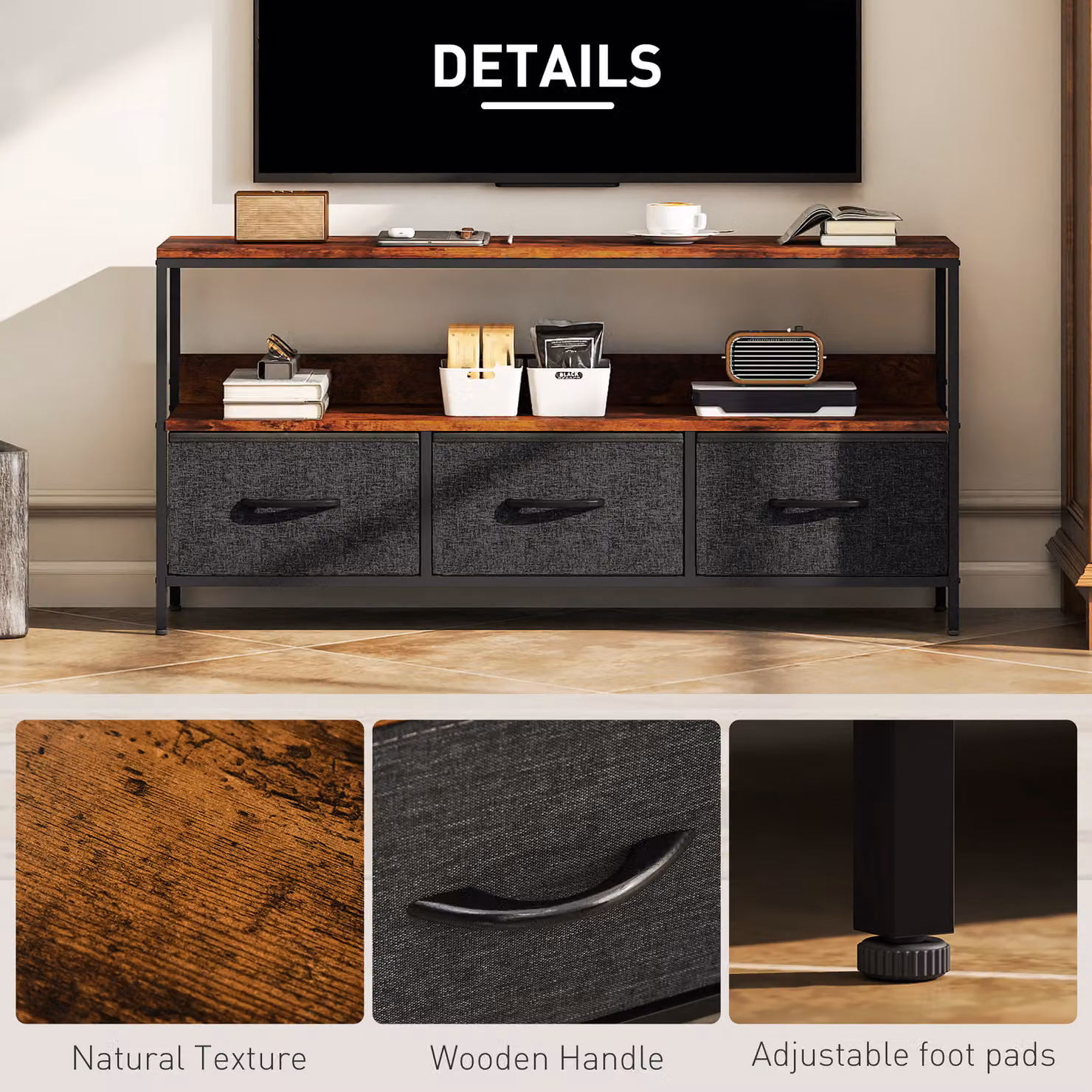 HOMCOM TV Stand Cabinet with 3 Foldable Drawers in Rustic Brown – 6