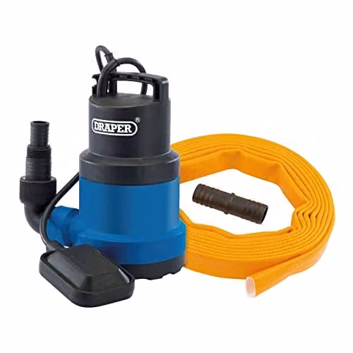 Draper 12429 Submersible Clean Water Pump with Float Switch and Layflat Hose, 550W, Blue and Black
