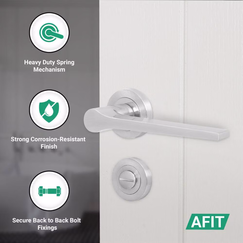 AFIT Satin Nickel Bathroom Door Handle Set in Silver with Lock and Hinges – 2