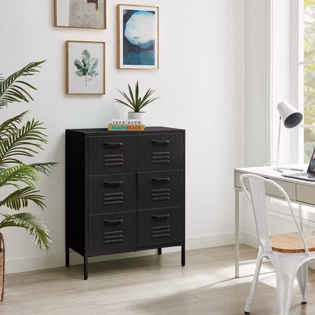 FurnitureboxUK Teksi Modern Industrial Matt Black Metal 6 Drawer Sideboard