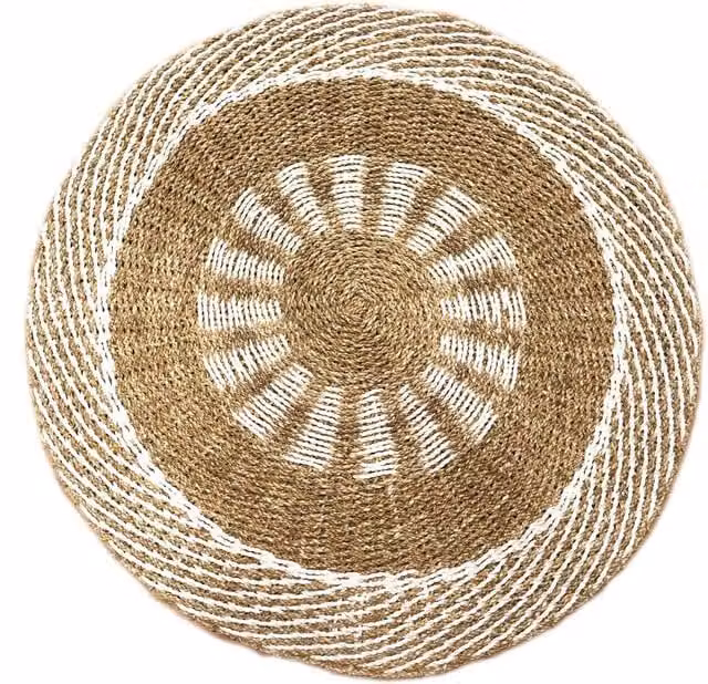 Serenityy Round Woven Seagrass Rug in White and Beige, W: 200 cm, D: 100 cm – 1