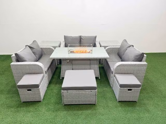 Fimous 9 Seater PE Wicker Rattan Garden Furniture Set in Light Grey with Firepit Dining Table, 2 Seater Love Sofa, 3 Stools and 2 Side Tables