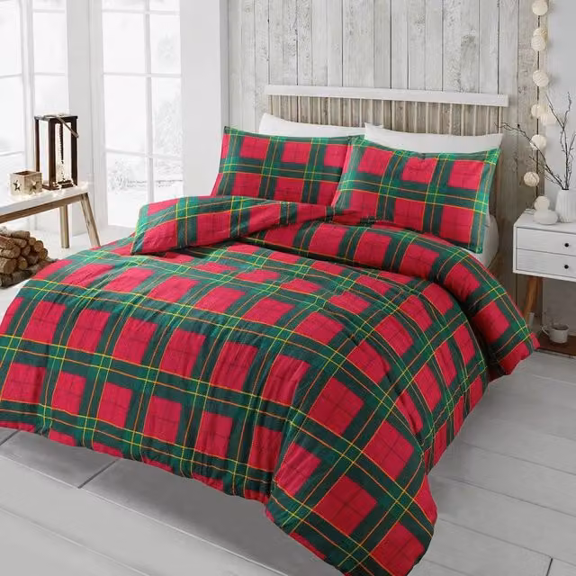 Homes-Linen Red and Multicolour Checked Flannelette Cotton Duvet Cover Set, 200 x 200 cm