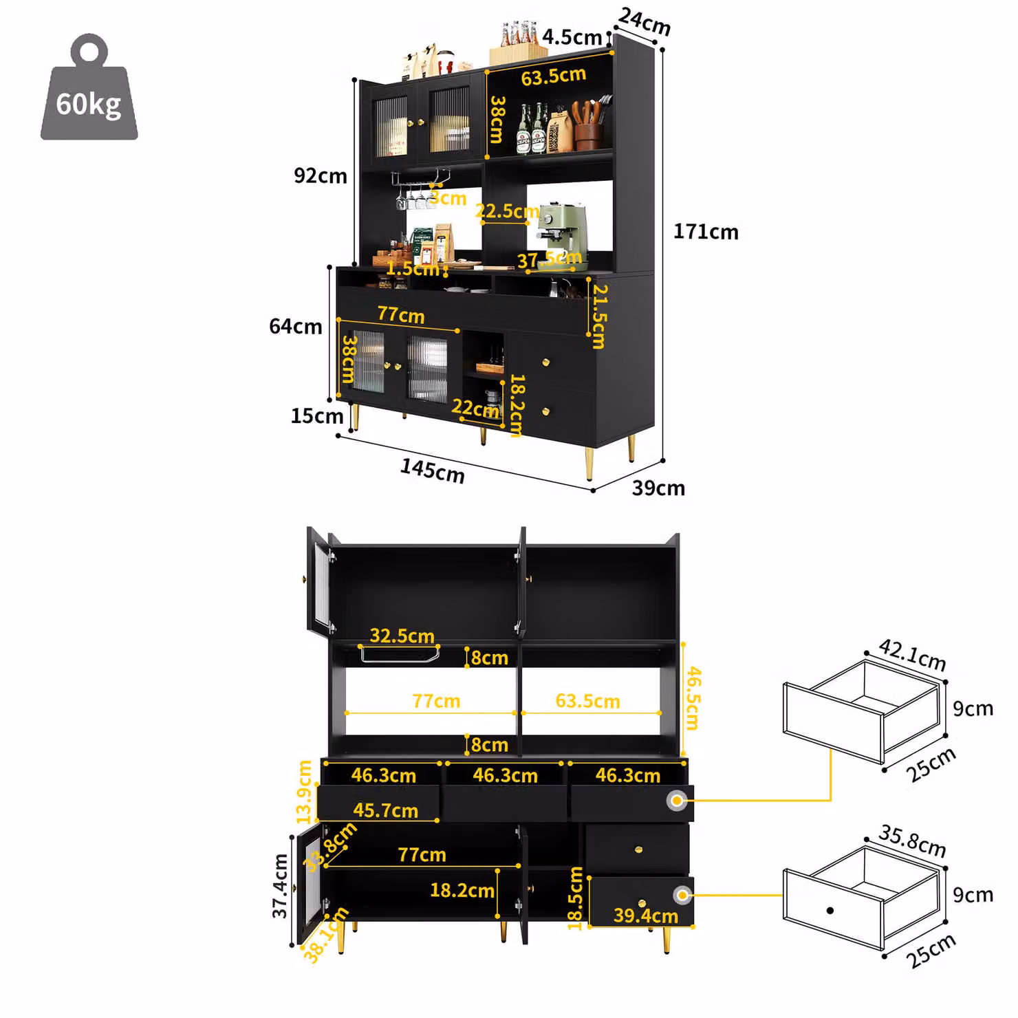Aosom UK Multi-Layered Modern Storage Cabinet with Glass Doors and Wine Glass Holder, Black and Gold, W: 39 cm, D: 39 cm, H: 171 cm – 3