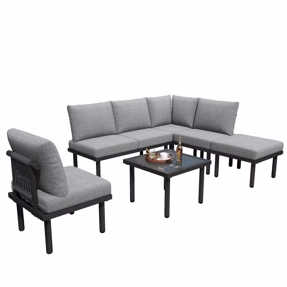 HomeTouch Handwoven Rope 6 Seater Garden Lounge Set with Coffee Table in Grey – 3