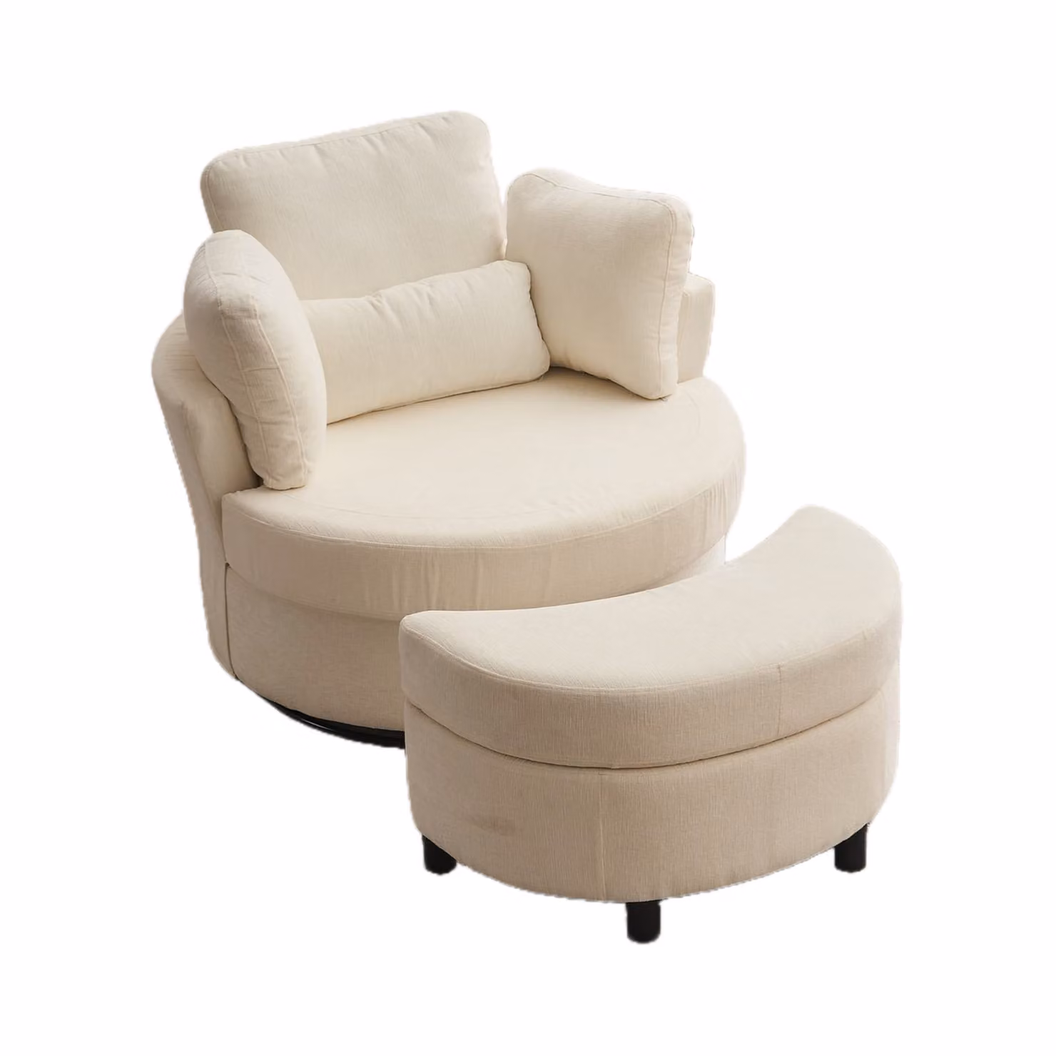 Aosom.UK Ivory Chenille 360 Degree Swivel Armchair Set with 3 Back Cushions and Crescent Ottoman Stool, W/D/H: 105 x 107 x 82 cm – 2