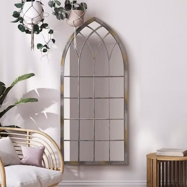 MirrorOutlet The Somerley Extra Large Rustic Metal Arched Decorative Wall Mirror in Silver