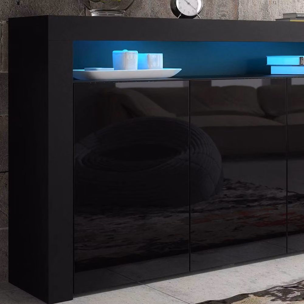 FORGEVIO Modern Black Wood TV Unit Cabinet Stand with Integrated LED Lighting – 3