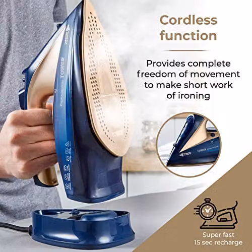 Tower T22008BLG CeraGlide Cordless Steam Iron with Ceramic Non-Stick Soleplate, Blue and Gold – 4